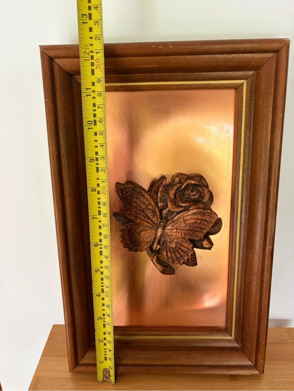 Vintage Mid Century Wood Framed Butterfly & Rose 3D Wall Art Copper Sculpture